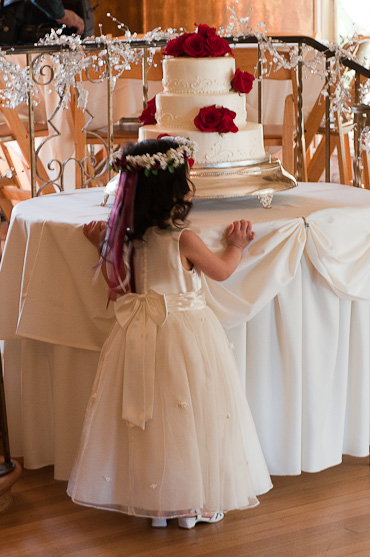 Flower girl admiring the wedding cake